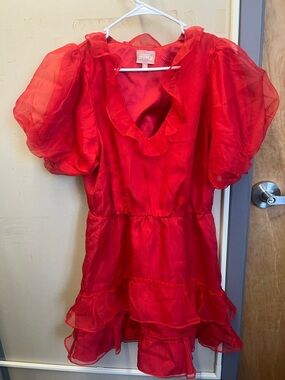 Show Me Your MuMu Girls Red Organza Ruffle Puff-Sleeve Dress